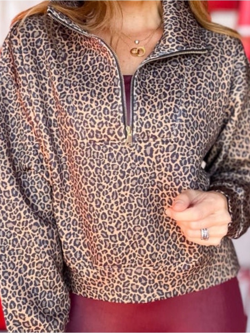 Leopard Print Half-Zip Pullover Hoodie - Brown - Picture 7 of 8